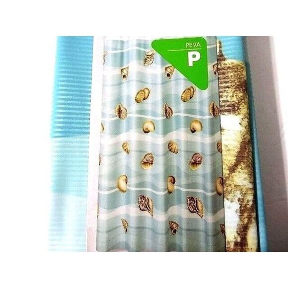 Shell Stripe Vinyl Shower Curtain Nautical Ocean Seaside Wipe Clean 70 x 72 NIP - Picture 2 of 3